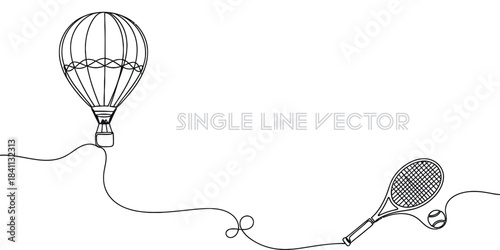 Hot air balloon and tennis racket with tennis ball connected by a continuous line drawing