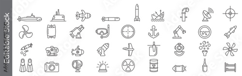 Submarine, naval and marine technology line icon set – editable outline symbols of periscope, propeller, missile, sonar and anchor