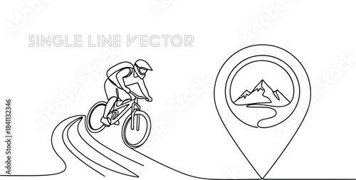 Mountain biker riding on a path towards a location pin icon featuring mountains and a river