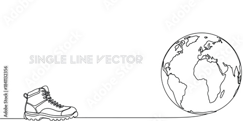 Hiking boot and globe drawn with a single continuous line, symbolizing travel, adventure, and global exploration