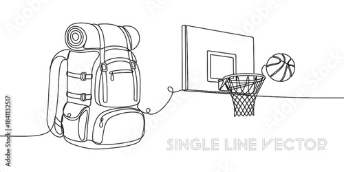 Continuous line drawing showing a large hiking backpack and a basketball hoop with a basketball