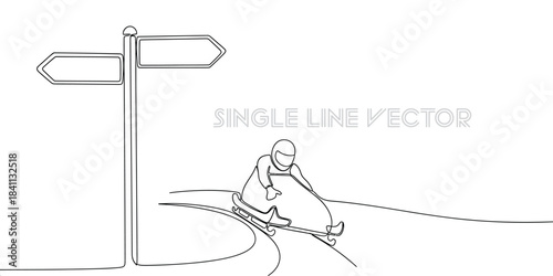 Bobsledder racing on a curved track with a signpost featuring blank directional arrows