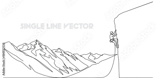 Person climbing a steep mountain cliff with a range of peaks in the background