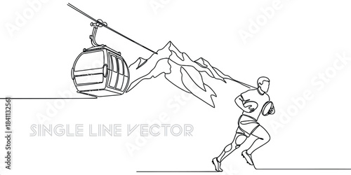 Rugby player running with a ball, a mountain, and a cable car in a continuous line art illustration