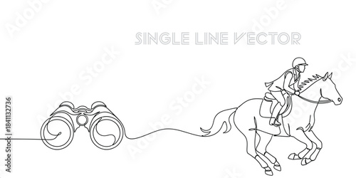 Continuous line art of a person riding a horse connected to binoculars on a white background