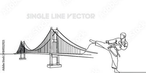 Martial artist performing a high kick with a suspension bridge in the background, continuous line drawing