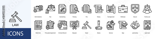 Law icon collection set. Containing Administrative, Fee, Handwriting, Parsing, File, Notary icon