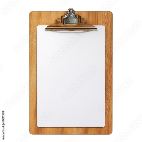 Isolated Blank Clipboard on Wooden Background with Metal Clip for Note-Taking and Organizing Documents