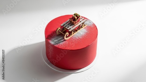 Striking red Christmas mousse cake with metallic stripe and tiny gold sleigh loaded with gifts, modern festive dessert design that shines as a bold centerpiece for winter parties and holiday celebrati