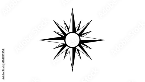 A 3d broken glass sphere design element features a compass rose star pattern and vector sun icon illustration isolated on white