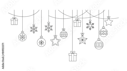 Festive Garland Silhouette: A collection of meticulously drawn holiday ornaments, including gift boxes, snowflakes, and stars, hangs gracefully from delicate strings.