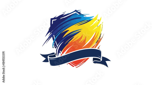 Abstract Emblem with Ribbon: An abstract emblem featuring bold brushstrokes in vibrant colors, suggesting movement and energy, and a banner for adding a personal touch.