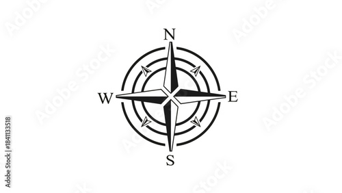 A black and white illustration of a compass rose with cardinal directions and concentric circles.