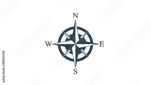 A dark blue compass rose graphic with cardinal directions N, S, E, W displayed on a white background.