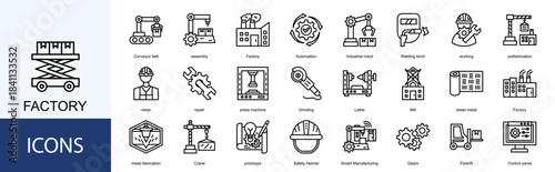 factory icon collection set. Containing assembly, Automation, Industrial robot, Welding torch, working, prefabrication, miner, repair icon