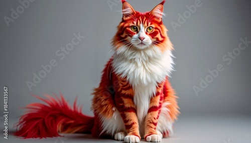 Beautiful Maine Coon cat with striking orange and red fur, sitting confidently on a gray background
