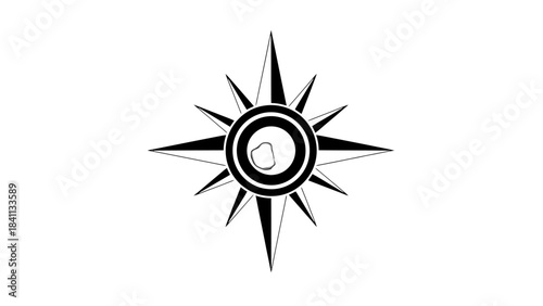 A black and white graphic representation of a compass rose with sharp points and concentric circles.