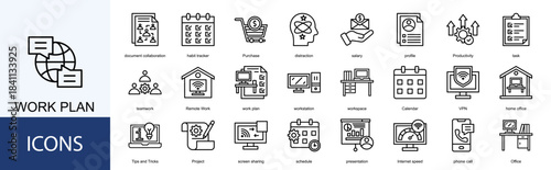 work plan icon collection set. Containing Purchase, distraction, salary, profile, Productivity, task, teamwork icon