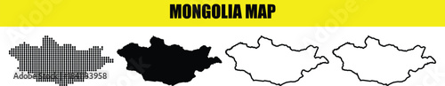 Set of four different styles of Mongolia map outlines and solid shapes
