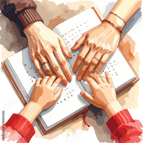 Braille Learning with Parent and Child Illustration 