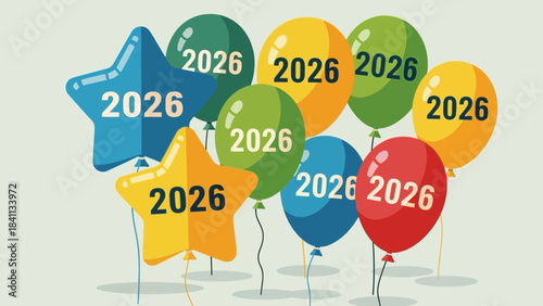 Vibrant colorful balloons and star shaped inflatables with 2026 text on light background