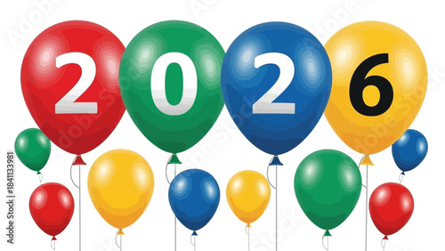 Vibrant colorful balloons floating in air with large numbers forming a futuristic date