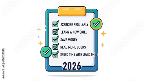 New year resolutions checklist on clipboard with green checkmarks and yellow stars on white background