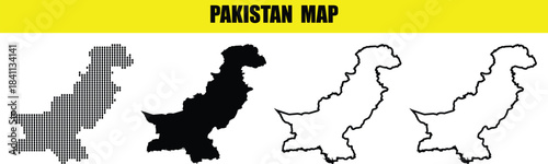 Set of four Pakistan map outlines in different styles hatched, solid black, and two outline versions
