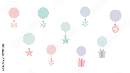 Festive Balloons: Pastel-colored balloons decorated with seasonal ornaments float against an ethereal backdrop, creating a whimsical and cheerful holiday scene.