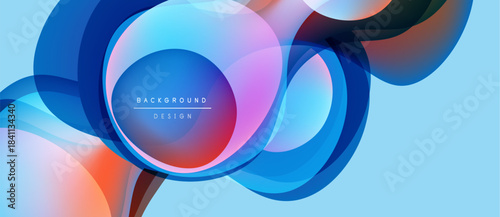 Abstract flowing shapes, vibrant colors, modern design. Light blue background complements layered translucent forms. Dynamic composition creates visual interest.