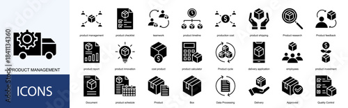 Product Management icon collection set. Containing product checklist, teamwork, product timeline, production cost, product shipping, Product research icon