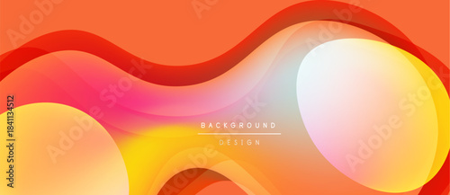 Abstract fluid shapes, warm colors blend. Orange, yellow, pink gradients create dynamic background design. Smooth curves suggest movement.