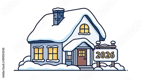 Snowy house with brown door and 2026 sign in winter landscape with warm yellow lights on