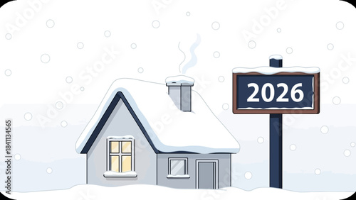 Snowy house with sign showing year 2026 on a winter day with smoke rising