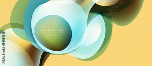 Abstract design features overlapping circles, gradients. Soft yellow backdrop complements teal, olive hues. Modern, fluid aesthetic.