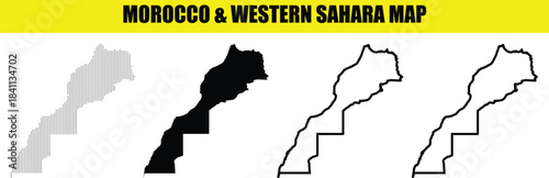 Morocco and western Sahara map outline and silhouette set
