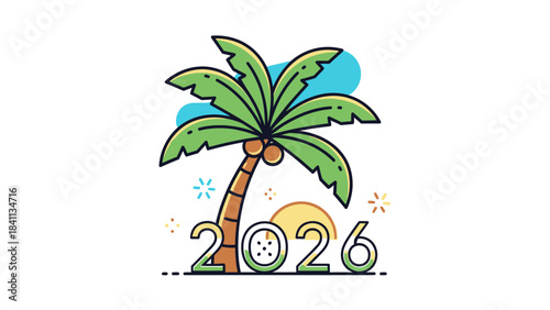 Cartoon palm tree with green leaves and 2026 text on white background with colorful sun