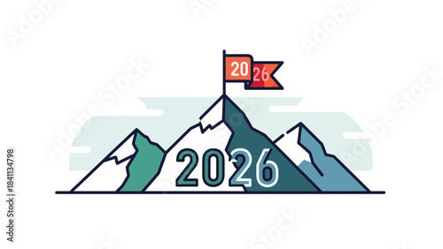 Illustration of mountain peaks with flag and year 2026 in colorful modern design
