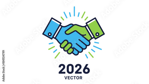 Shaking hands with green and blue sleeves and 2026 vector illustration