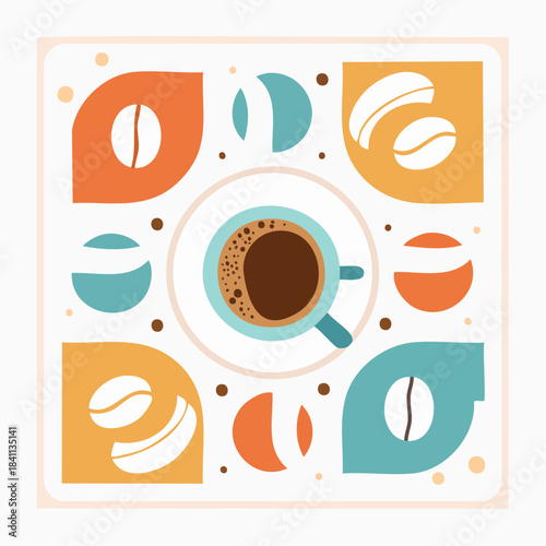 Pattern with coffee theme in geometric minimalistic style. Print with abstract shapes. 