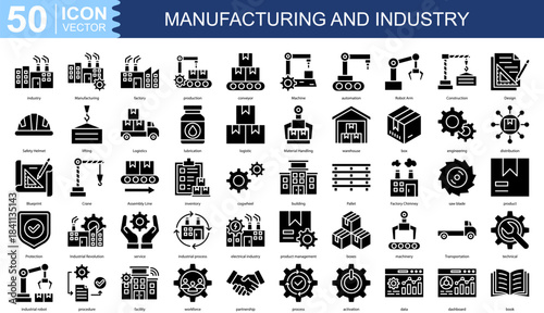 Manufacturing and Industry icon collection set. Containing industry,  Manufacturing, factory, production, conveyor, Machine, automation icon