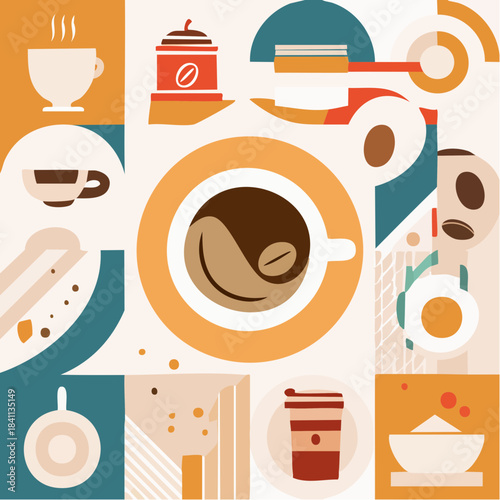 Pattern with coffee theme in geometric minimalistic style. Print with abstract shapes. 