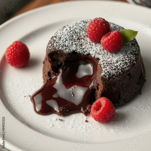 A chocolate lava cake, dusted with powdered sugar and garnished with raspberries