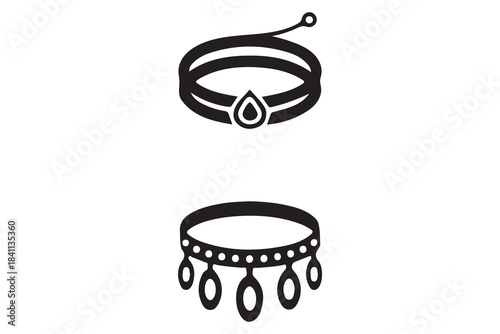 Two elegant black line art necklace icons with gemstone and pendant details isolated on white background