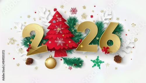 Christmas Decoration With a Red Tree, Numbers, and Festive Elements for 2026 Celebration