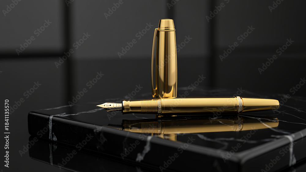 Fototapeta premium Exquisite golden fountain pen and its cap meticulously arranged on a polished black marble surface, symbolizing luxury, success, and elegant professional craftsmanship
