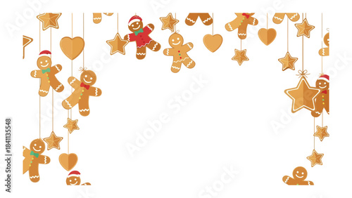 Festive Gingerbread Delights: A cheerful array of gingerbread men, stars, and hearts hang, adorned in a festive manner, creating a warm, celebratory atmosphere of holiday happiness.