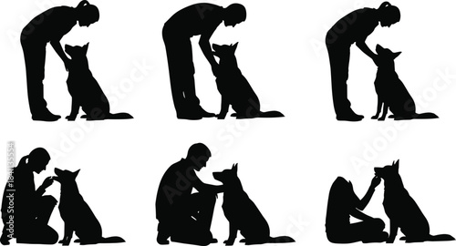 Vector illustration set of people interacting with a dog, showing owners petting, feeding, and training their pet, symbolizing animal care, companionship, and loyalty concepts.