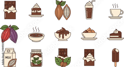 Chocolate Dessert and Cocoa Food Vector Flat Line Icons Set, Hot Drink, Milkshake, Cake Slice, Cocoa Pods, Bar, Ice Cream, and Sweets Symbols, Outline Graphic for Menu and Confectionery.