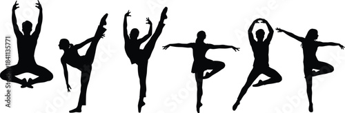 Vector illustration set of professional ballerina dancers silhouettes in various dynamic and elegant ballet poses, symbolizing dance, performance, movement, training, and art concepts.